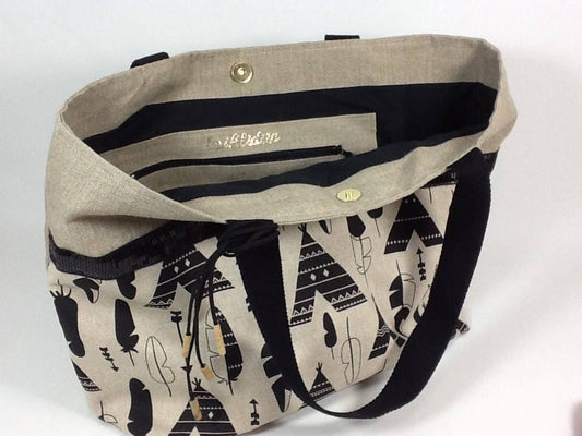 Sac cabas Isa en lin à motifs ethnique et paillettes noires