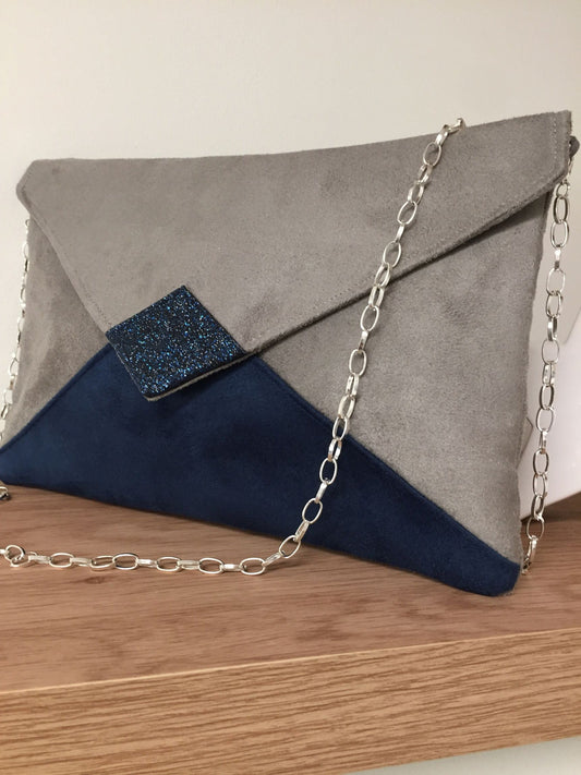 Sac pochette Isa gris taupe et bleu marine à paillettes