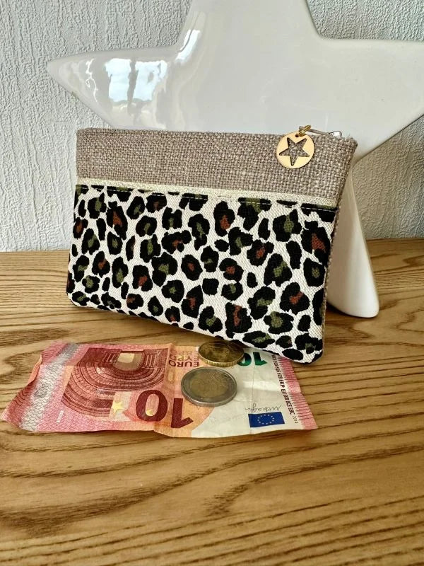 Porte monnaie en lin beige et léopard