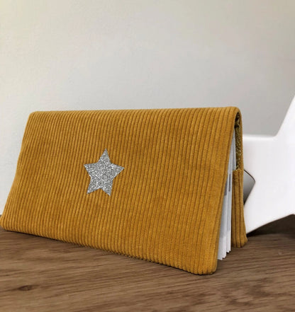 Checkbook holder in mustard yellow velvet with silver sequined star