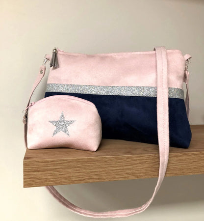 Pale pink and navy blue Isa shoulder bag with silver sequins