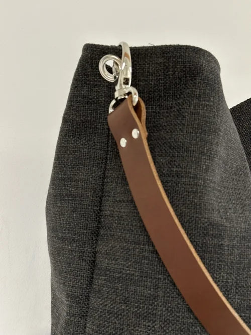 Hobo bag in charcoal gray linen, brown or tan leather handle