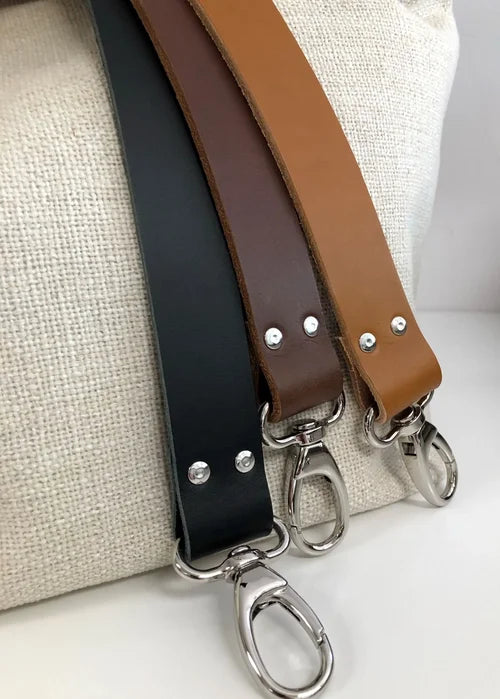 Les 3 couleurs de cuir disponible pour le sac Hobo en lin ivoire 