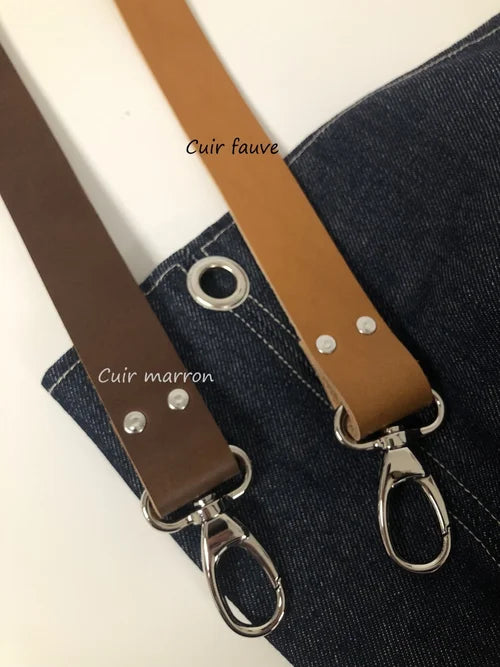 Les anses en cuir disponibles pour le sac hobo en toile denim brut et son anse en cuir fauve