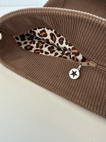 Sac Hobo en velours cotelé marron chamois, anse en cuir noir
