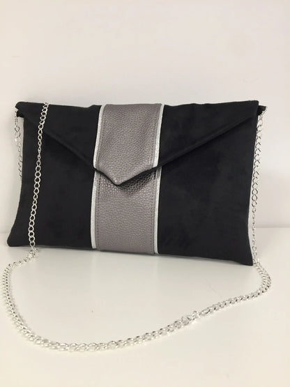 Le sac pochette Isa noir et gris irisé à liseré argenté, face avant.