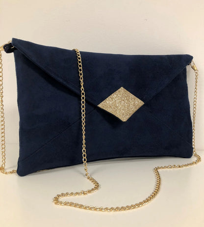 sac pochette Isa bleu marine à paillettes dorées, face avant.