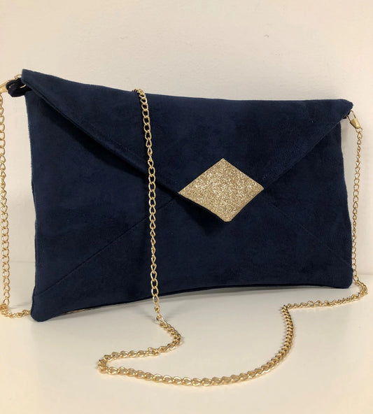 sac pochette Isa bleu marine à paillettes dorées, face avant.