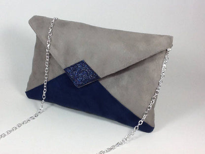 Isa clutch bag in taupe gray and navy blue with sequins