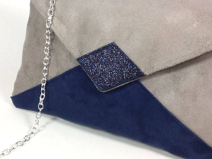 Isa clutch bag in taupe gray and navy blue with sequins