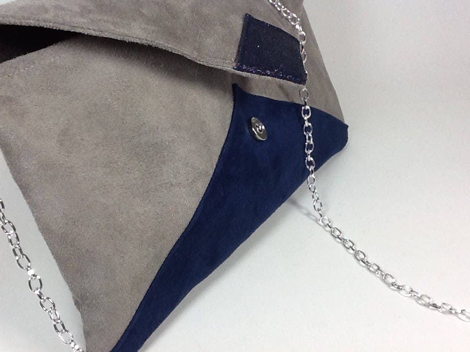 Isa clutch bag in taupe gray and navy blue with sequins