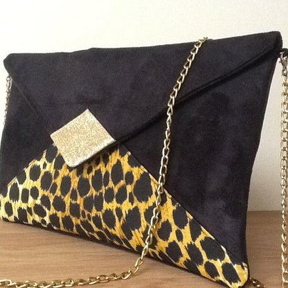 Isa clutch bag black and leopard with gold sequins