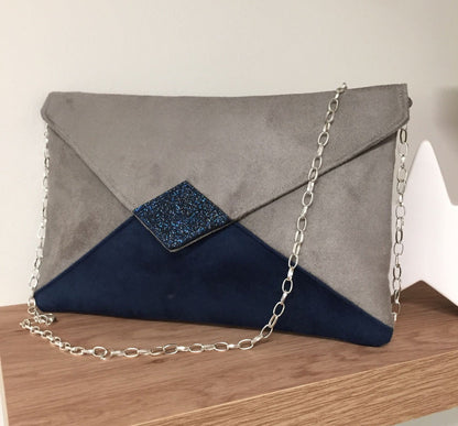 Isa clutch bag in taupe gray and navy blue with sequins