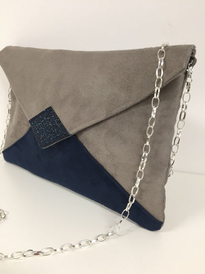 Isa clutch bag in taupe gray and navy blue with sequins