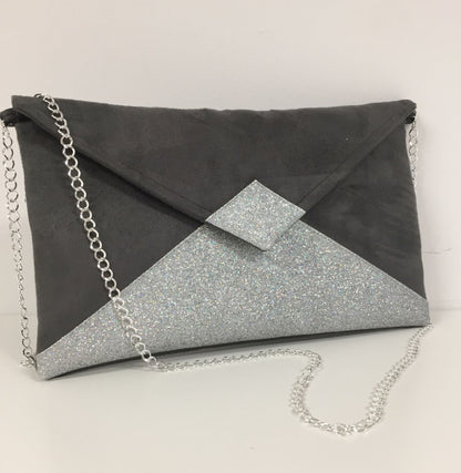 Sac pochette Isa gris souris à paillettes argentées