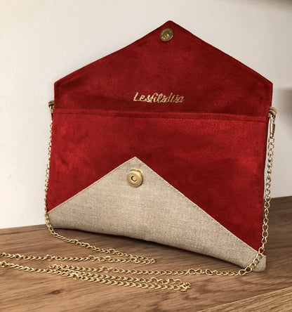 Sac pochette Isa rouge en lin et paillettes dorées