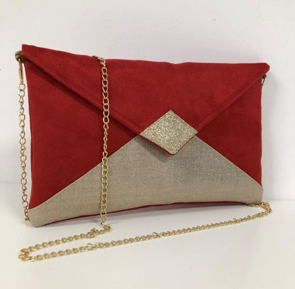 Sac pochette Isa rouge en lin et paillettes dorées